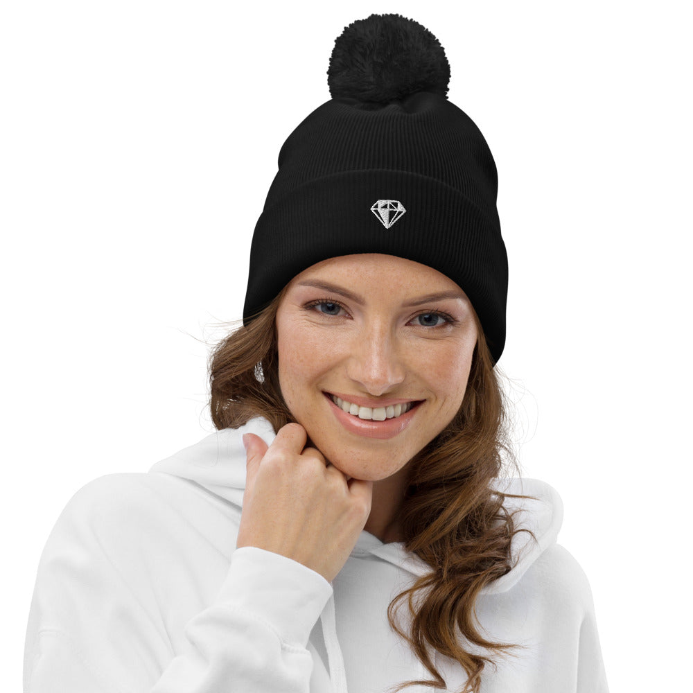 Unique Diamond Pom Pom Cuffed Beanie